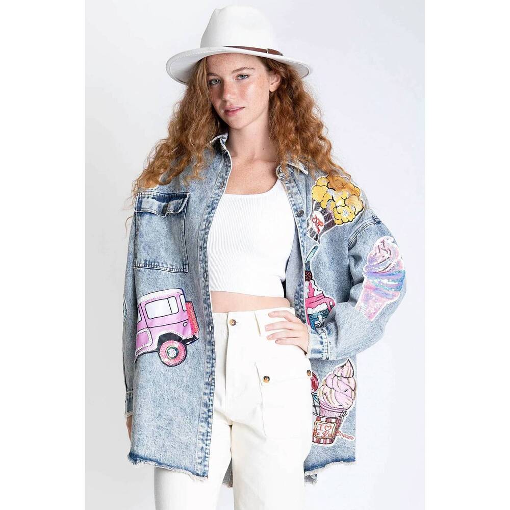 NEW BLUE VELVET making memories denim shacket in light blue